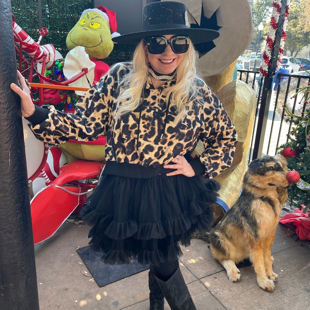 Leopard Sweatshirt Hoodie with Tulle